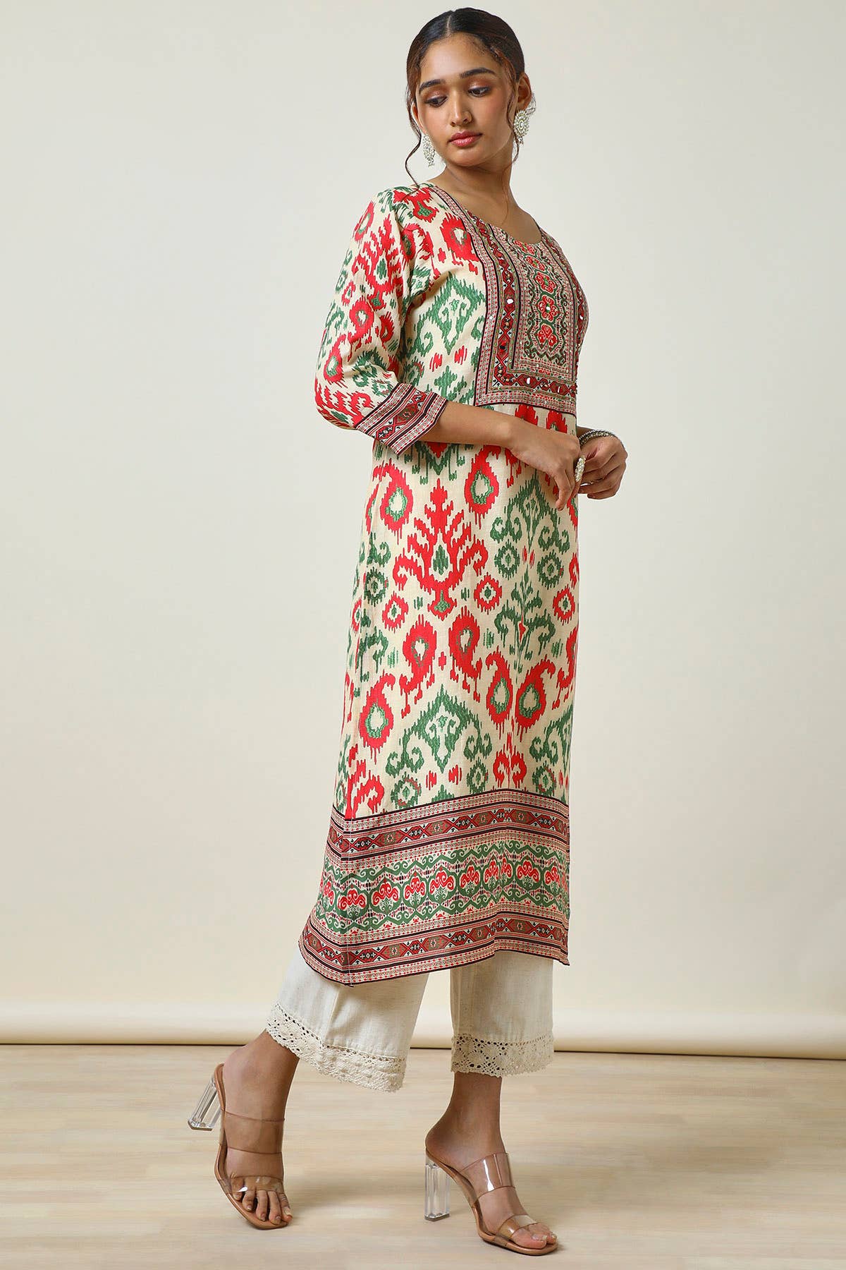 Cream Printed Linen Blend Kurta With Mirror Work - Image 3